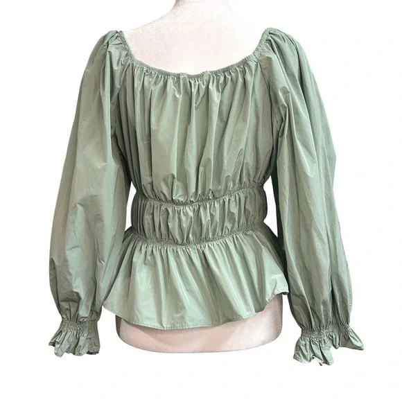 Zara Sage Green Smocked Peplum Nylon Top Puff Sleeve Square Neck Size L - Picture 4 of 4